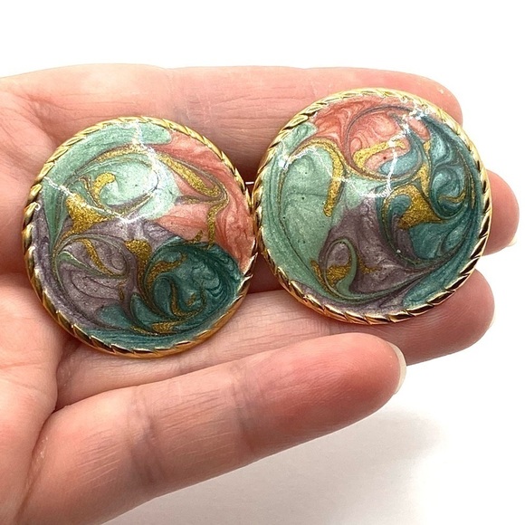 Earrings Artisan Swirl Enamel Gold Tone Statement - Picture 2 of 7